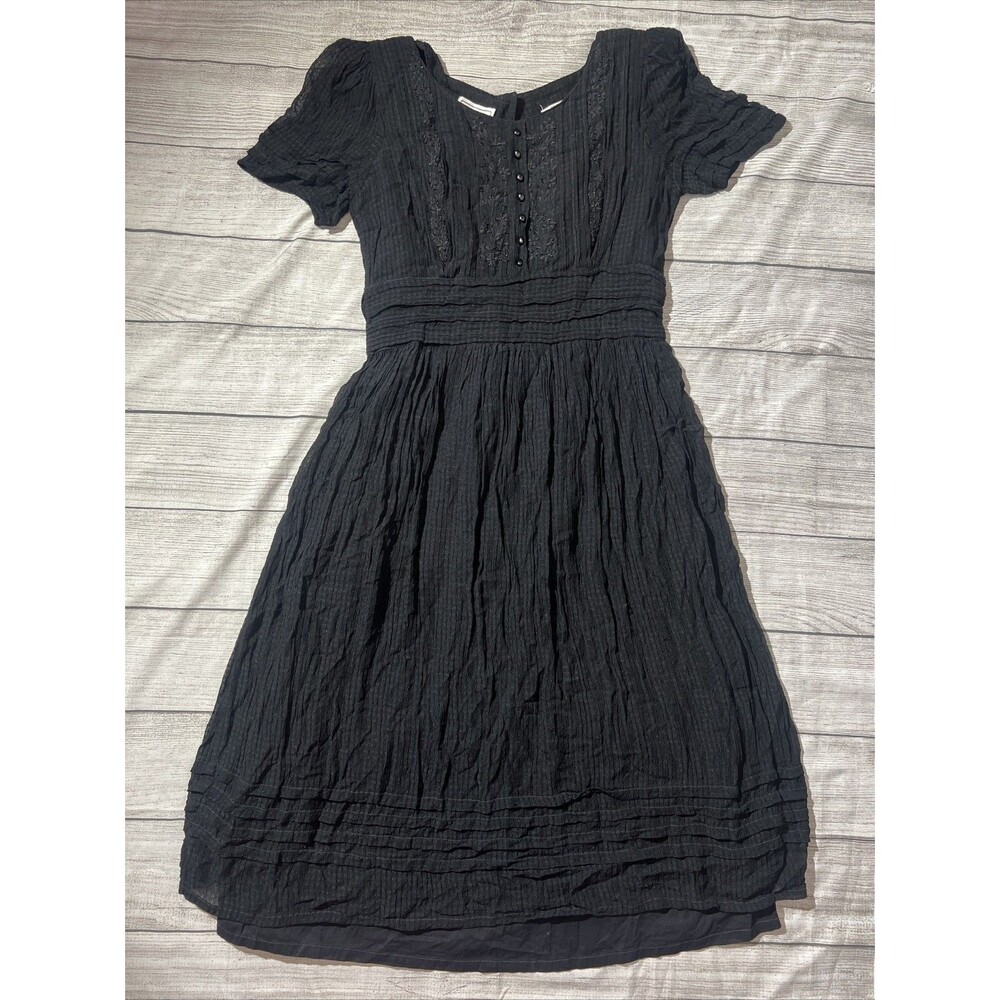 VTG KARIN STEVENS BLACK EMBROIDERY RAYON TEA DRESS BOHO PEASANT SZ 12